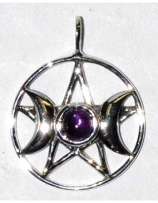 3/4" Triple Goddess Pentagram Amethyst sterling