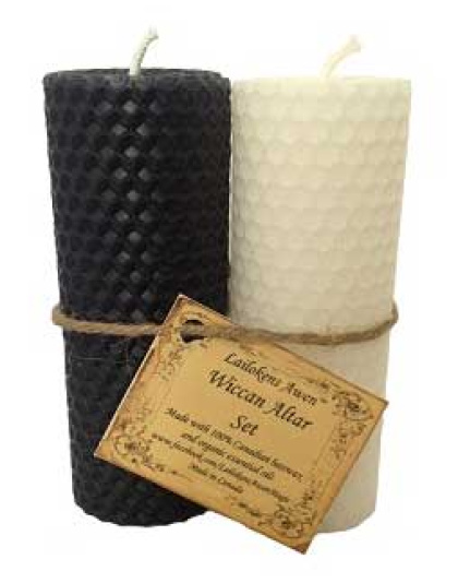4 1/4" Wiccan Altar set black & white Lailokens Awen candle