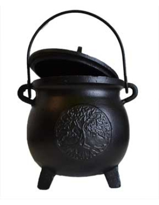 6" Tree of Life cast iron cauldron w/ lid