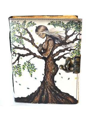 6" x 8" Woman Tree leather blank book w/latch aged looking paper