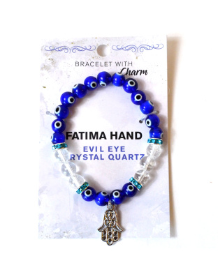 8mm Evil Eye/ Clear Quartz with Fatima Hand