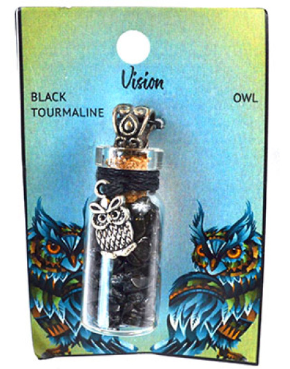 Black Torrmaline Chips in Bottle with Owl necklace
