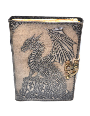 Dragon on Rock aged looking paper leather w/ latch