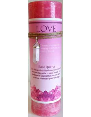 Love pillar candle with Rose Quartz pendant