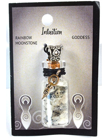 Rainbow Moonstone Chips in Bottle with Goddess necklace