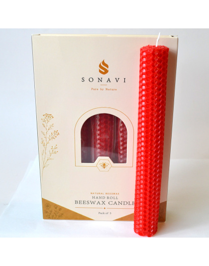 (set of 5) 8" Red beeswax candles